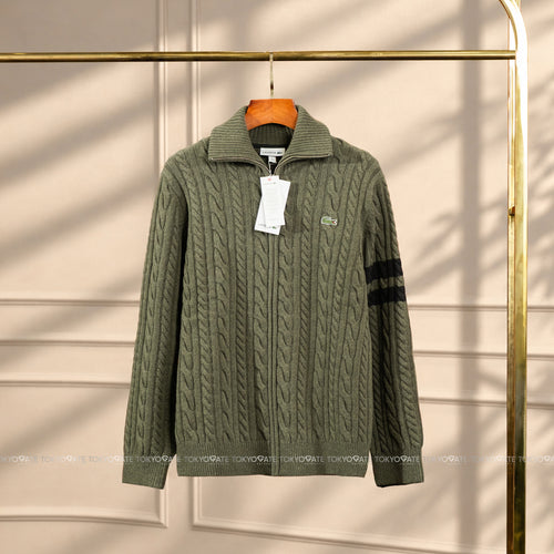Áo khoác Lacoste AH302E BMY Cable-Knit Zip-Up Cardigan Dark Green Regular Fit