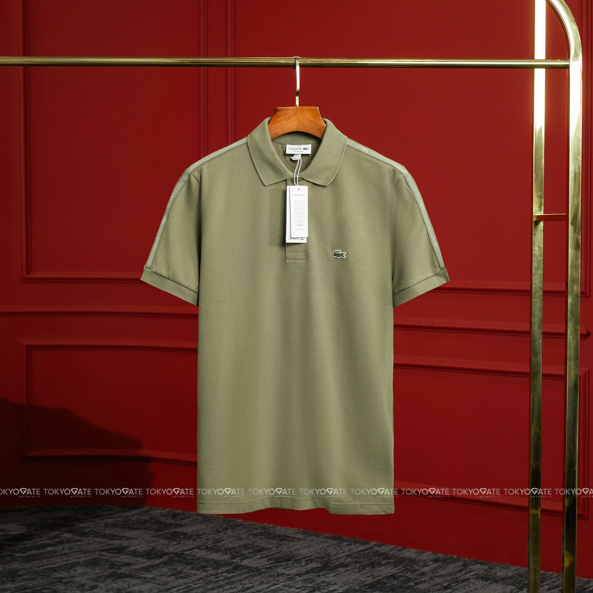 Áo polo Lacoste SS PH0897 BMY Logo Stripe Khaki Green Regular Fit