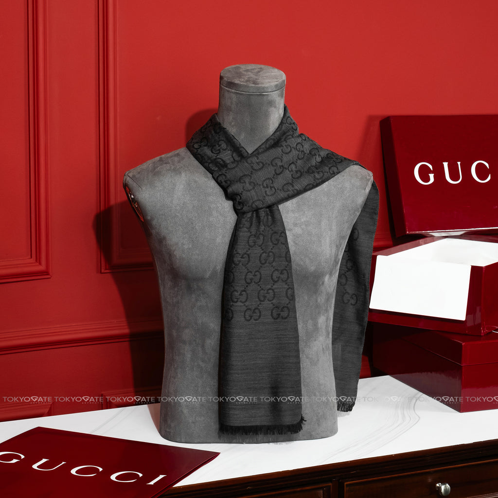 Khăn Gucci GG Jacquard Wool Silk Scarf 165904 3G646 Grey