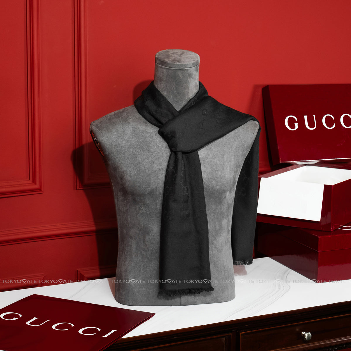 Khăn Gucci GG Jacquard Wool Silk Scarf 165904 3G646 Black