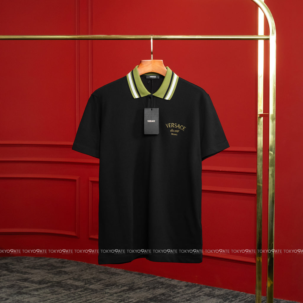 Áo polo Versace 1011851 1A18805 2B0FO Milano Embroidery Black Dark Olive Regular Fit