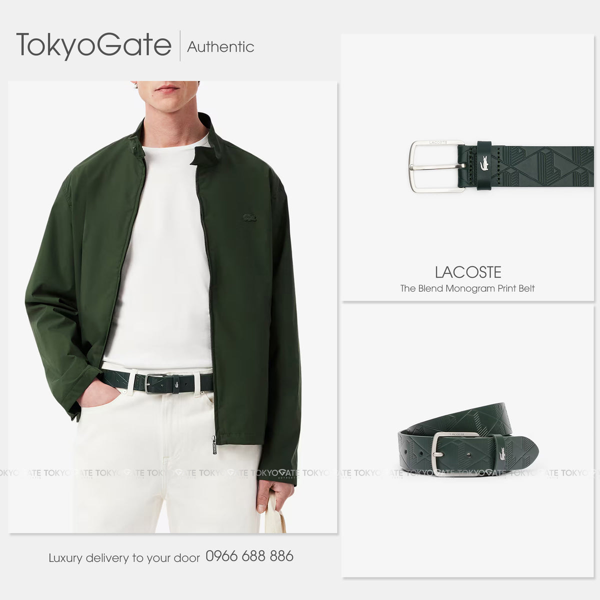 Dây lưng Lacoste RC4093 B43 Monogram Leather Belt Dark Green