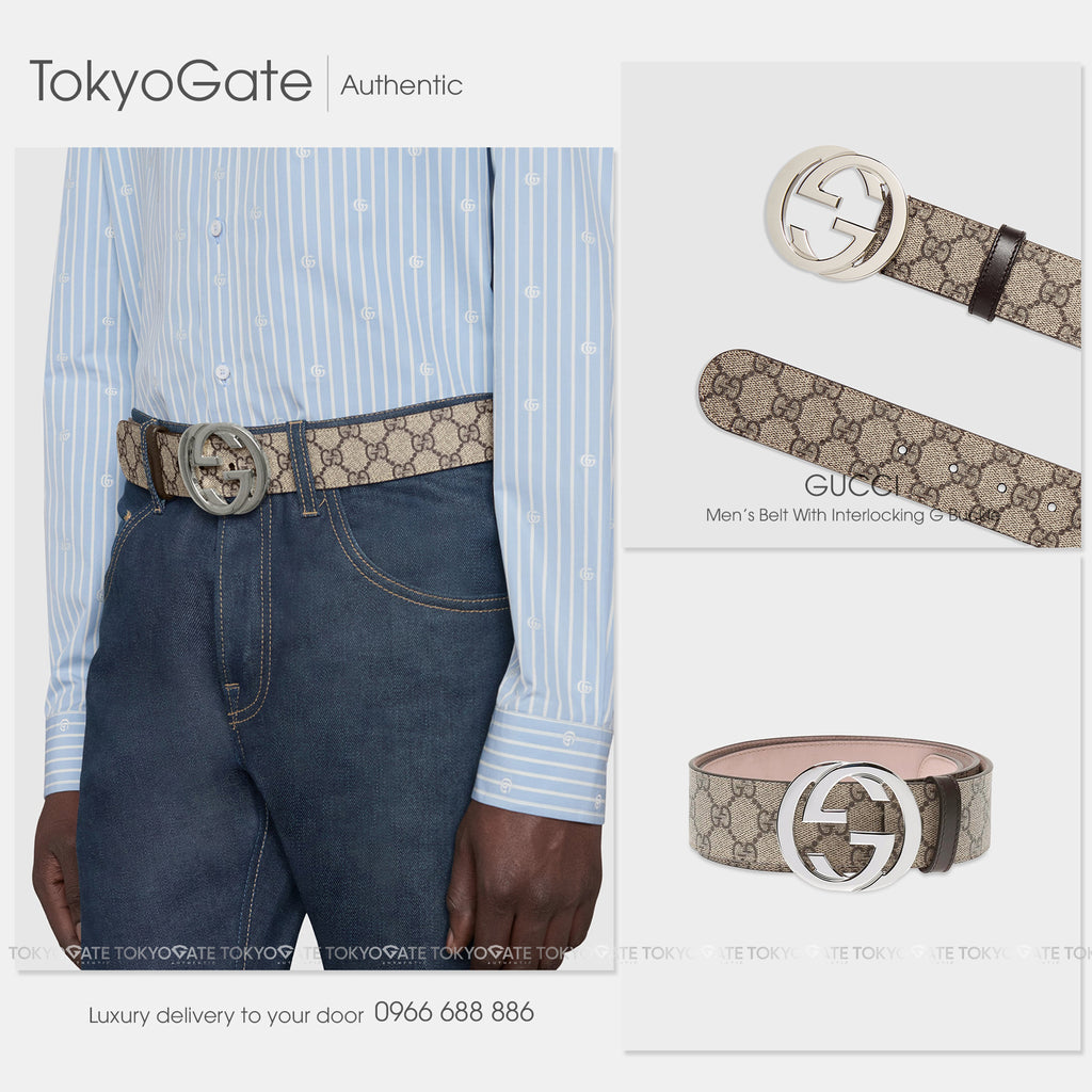 Dây lưng Gucci 411924 KGDHN GG Supreme Interlocking G Buckle Beige Ebony