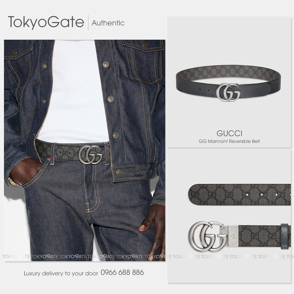 Dây lưng Gucci 627055 UULBN 1244 GG Marmont Reversible Belt Grey Black