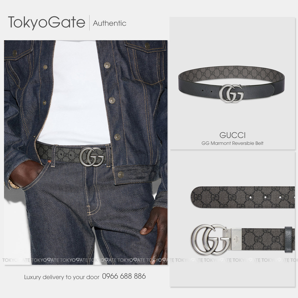 Dây lưng Gucci 627055 UULBN 1244 GG Marmont Reversible Belt Grey Black