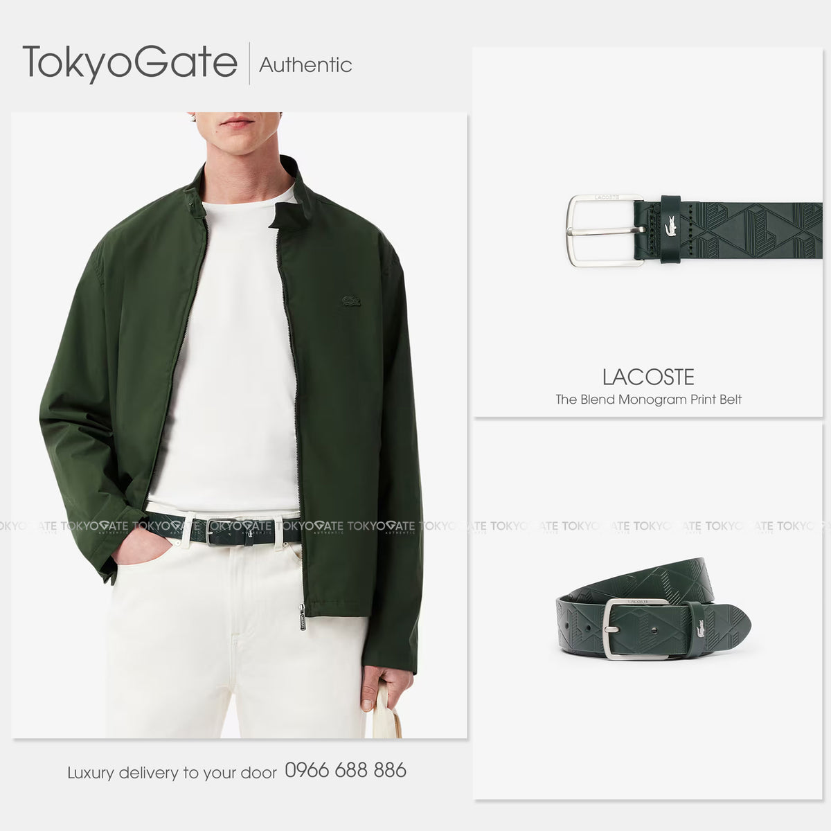 Dây lưng Lacoste RC4093 B43 Monogram Leather Belt Dark Green