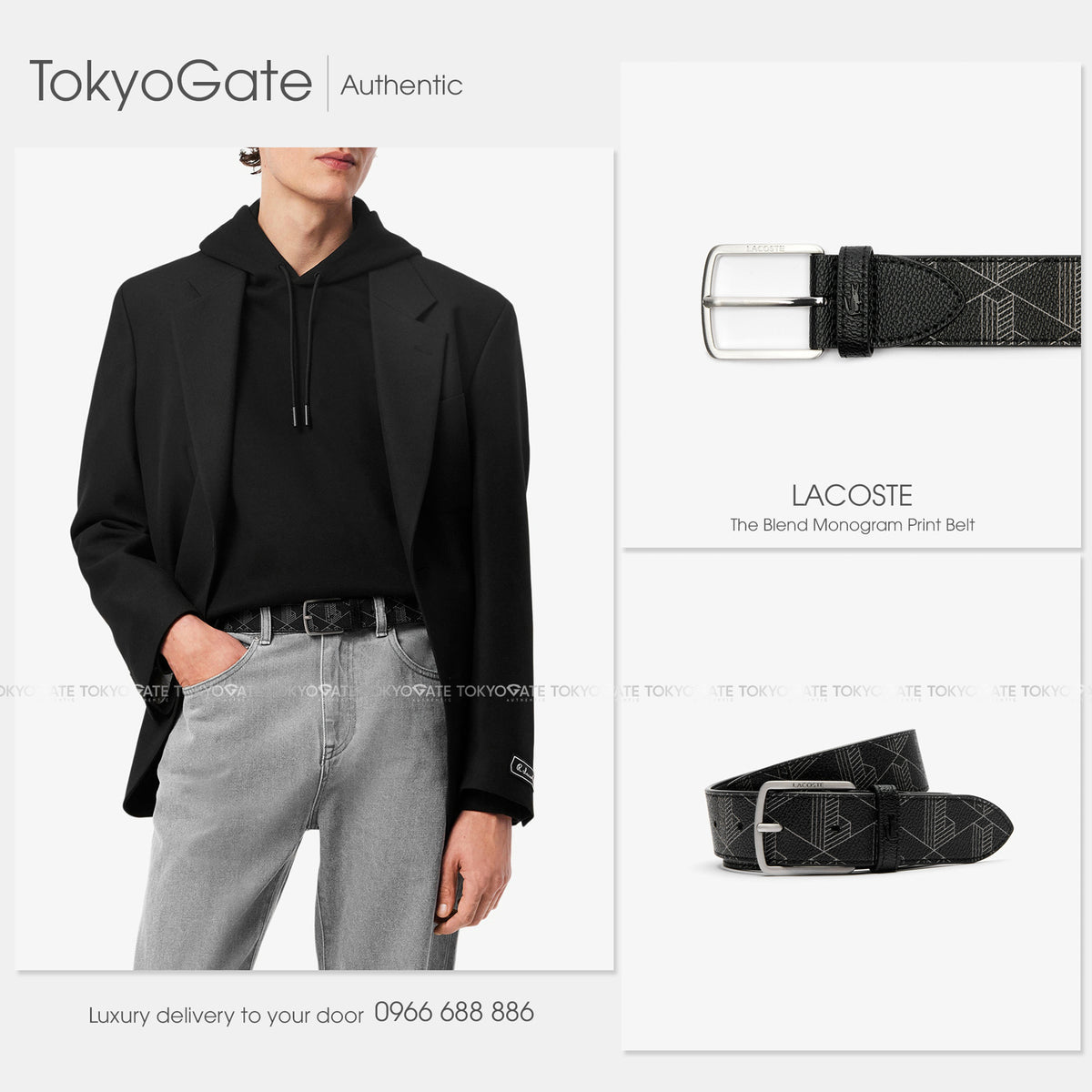 Dây lưng Lacoste RC4098 H45 Monogram Canvas Belt Black