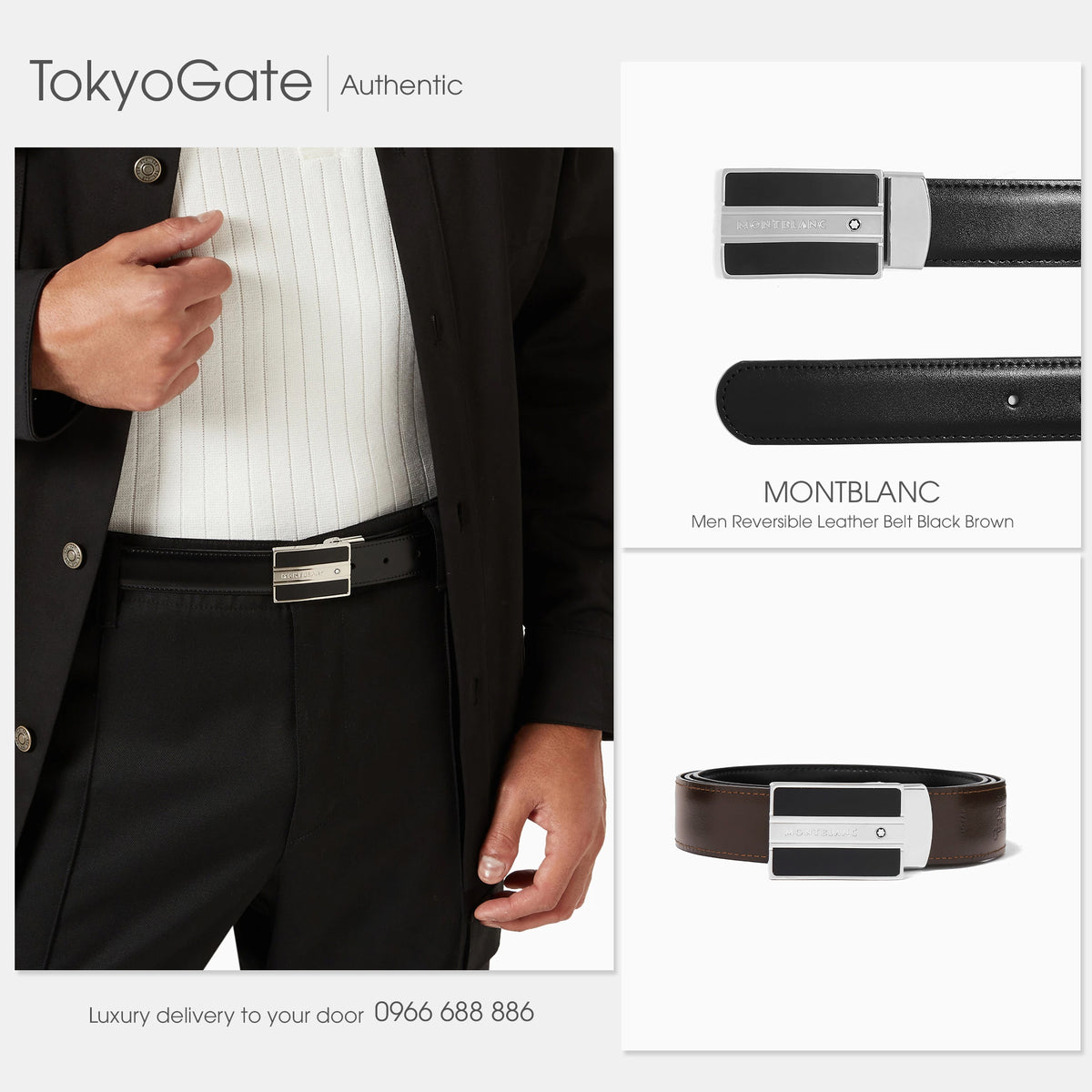 Dây lưng Montblanc 128136 Reversible Leather Belt Black Brown