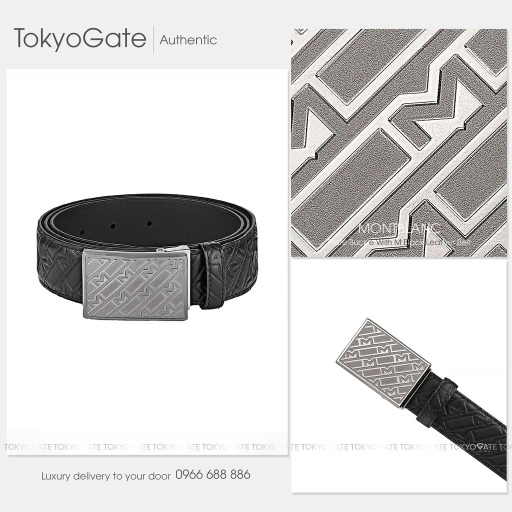 Dây lưng Montblanc MB129451 M Pattern Plate Buckle Matt Ruthenium Embossed Leather Black