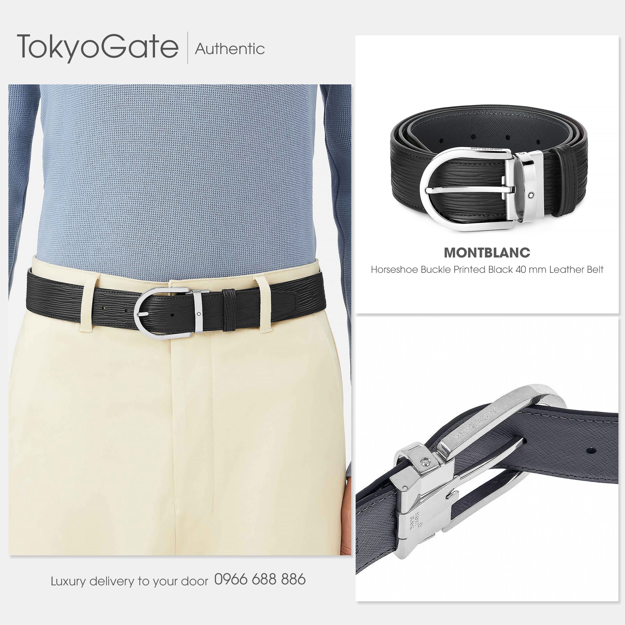 Dây lưng Montblanc MB131172 Black Grey Leather Belt