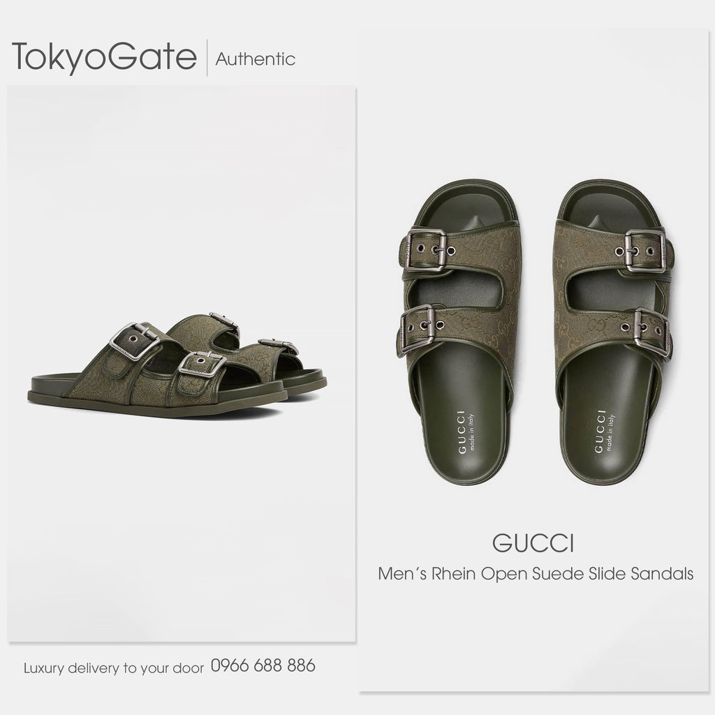 Dép Gucci 831830 FAD71 8746 Rhein Open Suede Slide Sandals Dark Green