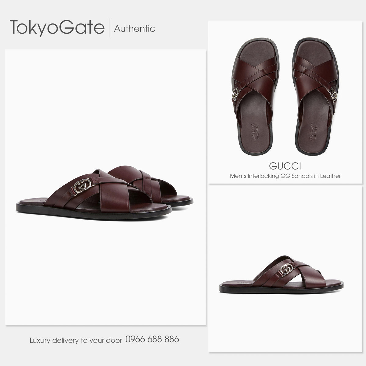 Dép Gucci Interlocking GG Sandals in Leather Burgundy