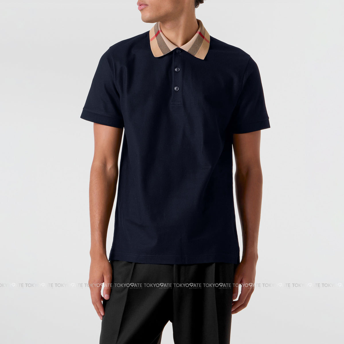 Áo polo Burberry 8072661 Cody Check Collar Cotton Polo Smoked Navy Slim Fit