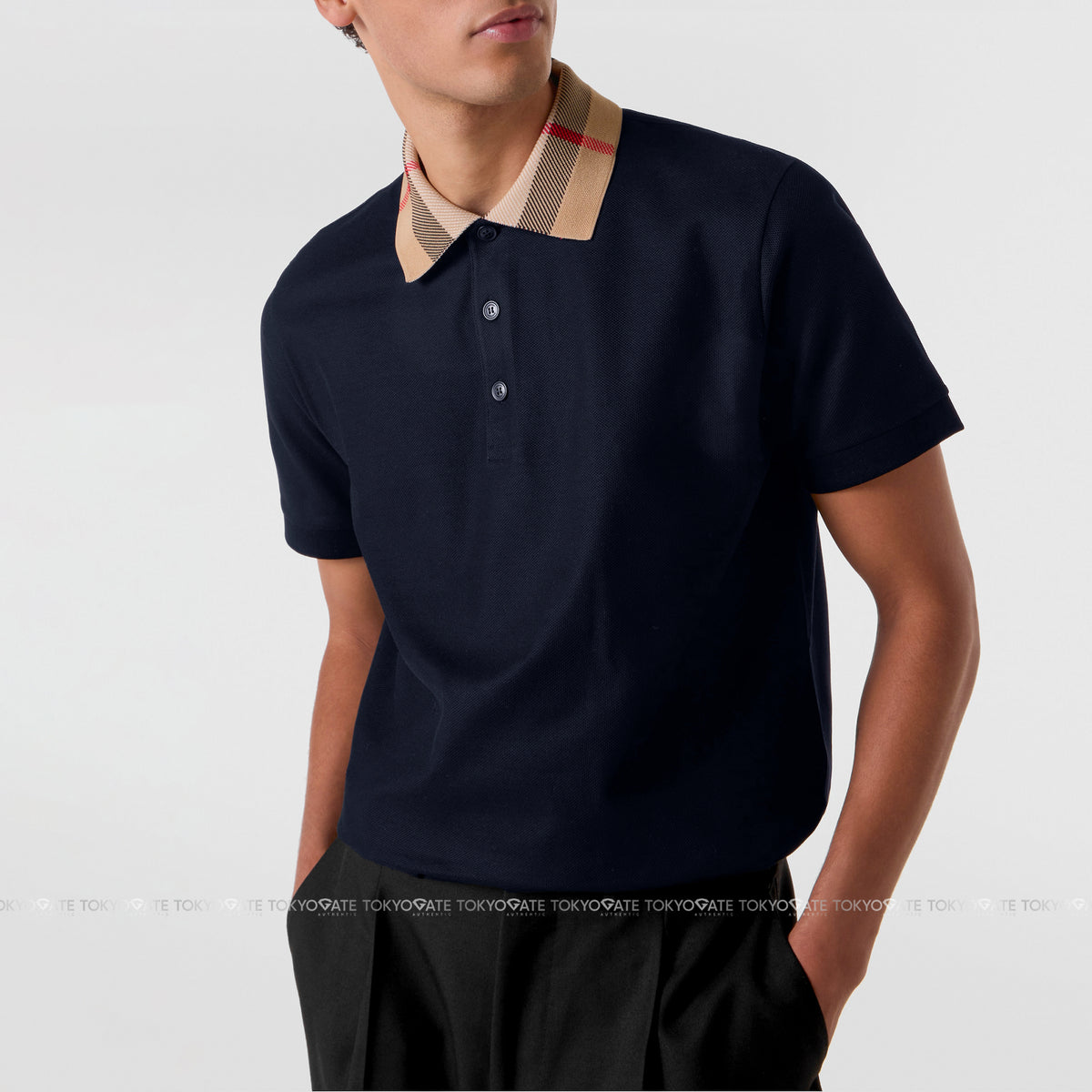 Áo polo Burberry 8072661 Cody Check Collar Cotton Polo Smoked Navy Slim Fit