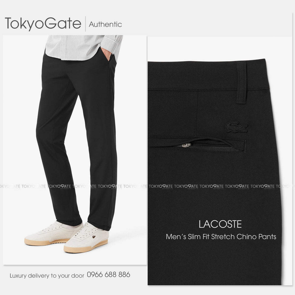 Quần khaki Lacoste HH8513 031 Stretch Cotton Chino Trousers Black Slim Fit