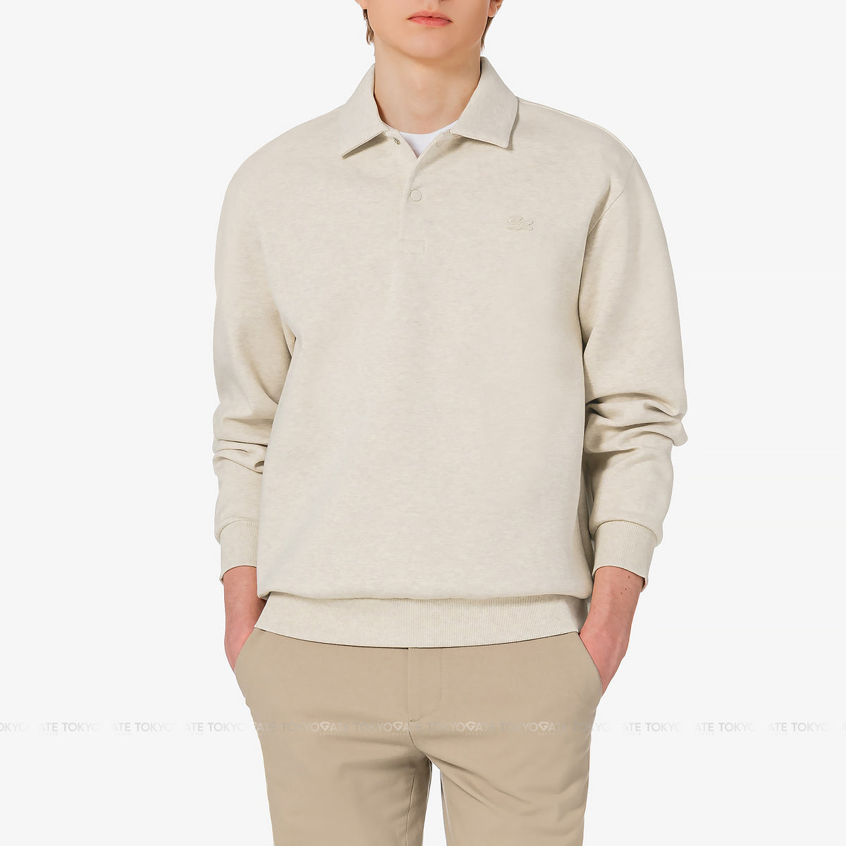 Áo nỉ polo Lacoste SH423E 56G 02S Double-Face Snap Collar Beige Regular Fit