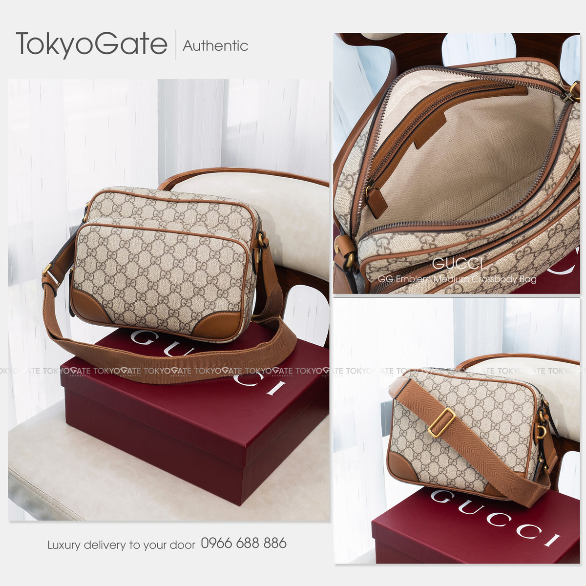 Túi Gucci 821160 FAED3 9786 GG Emblem Medium Crossbody Bag Beige Dark Brown
