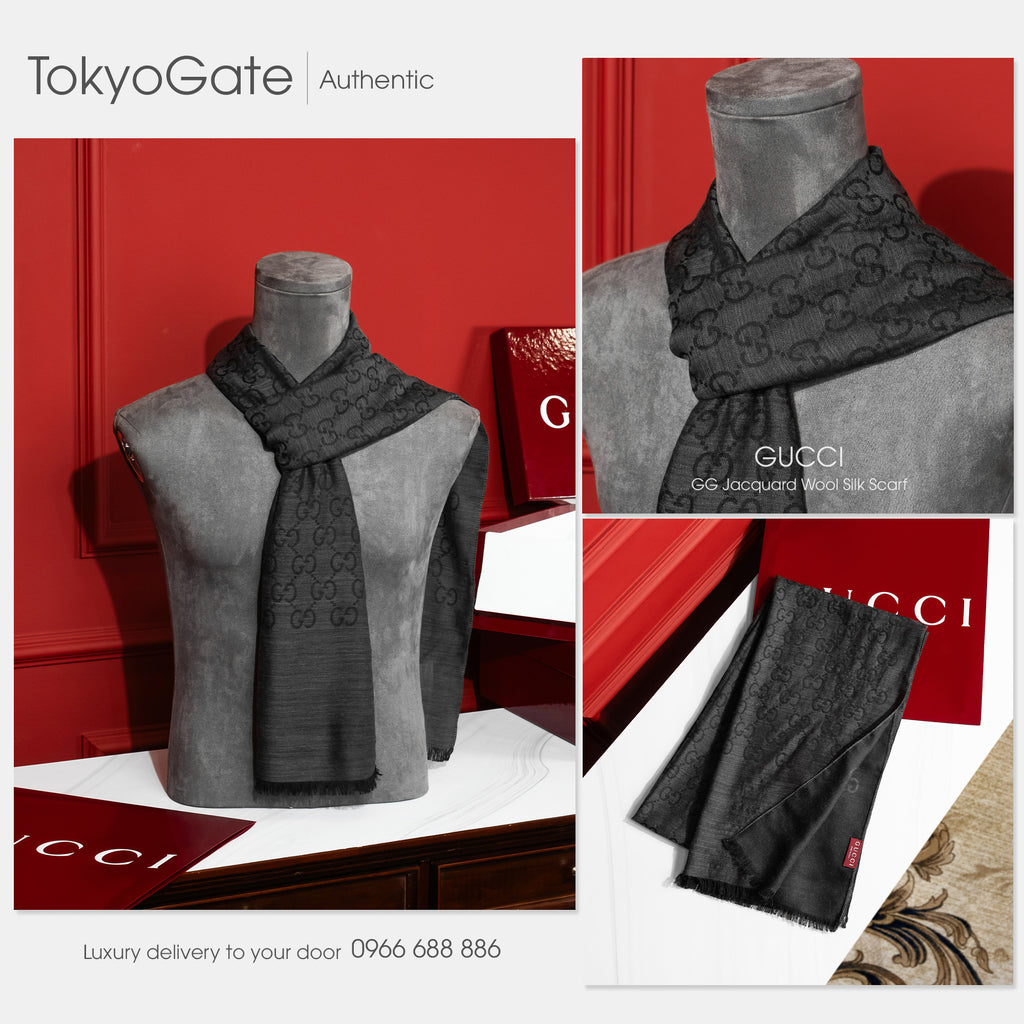 Khăn Gucci GG Jacquard Wool Silk Scarf 165904 3G646 Grey