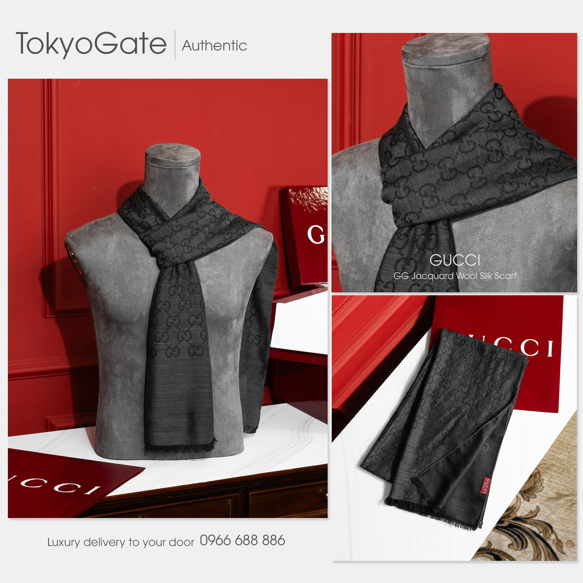 Khăn Gucci GG Jacquard Wool Silk Scarf 165904 3G646 Grey